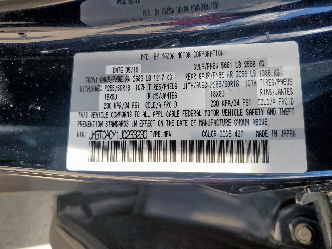 2018 Mazda Cx-9 Touring VIN: JM3TCACY1J0233230 Lot: 56419405