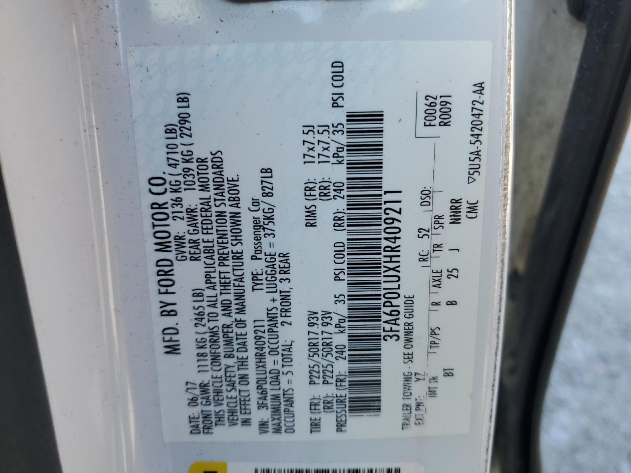 2017 Ford Fusion Se Hybrid VIN: 3FA6P0LUXHR409211 Lot: 54027325