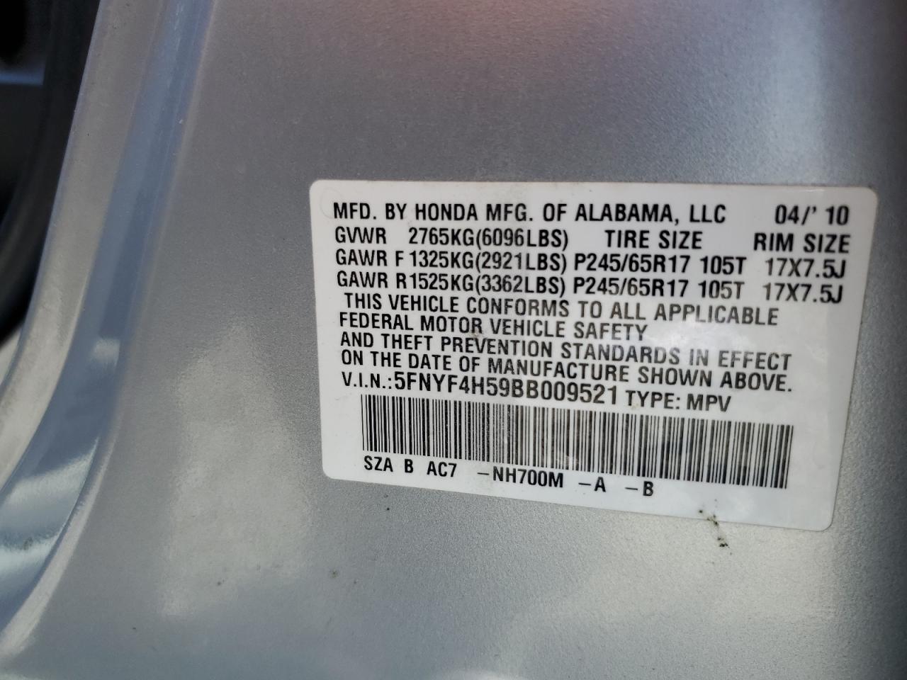 2011 Honda Pilot Exl VIN: 5FNYF4H59BB009521 Lot: 57499155