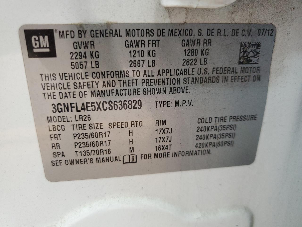 2012 Chevrolet Captiva Sport VIN: 3GNFL4E5XCS636829 Lot: 55035375