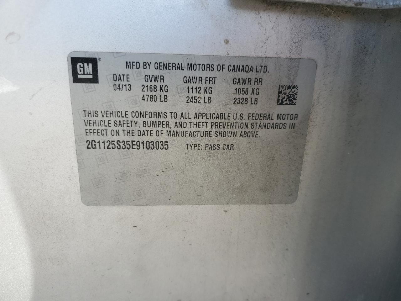 2014 Chevrolet Impala Lt VIN: 2G1125S35E9103035 Lot: 55167025