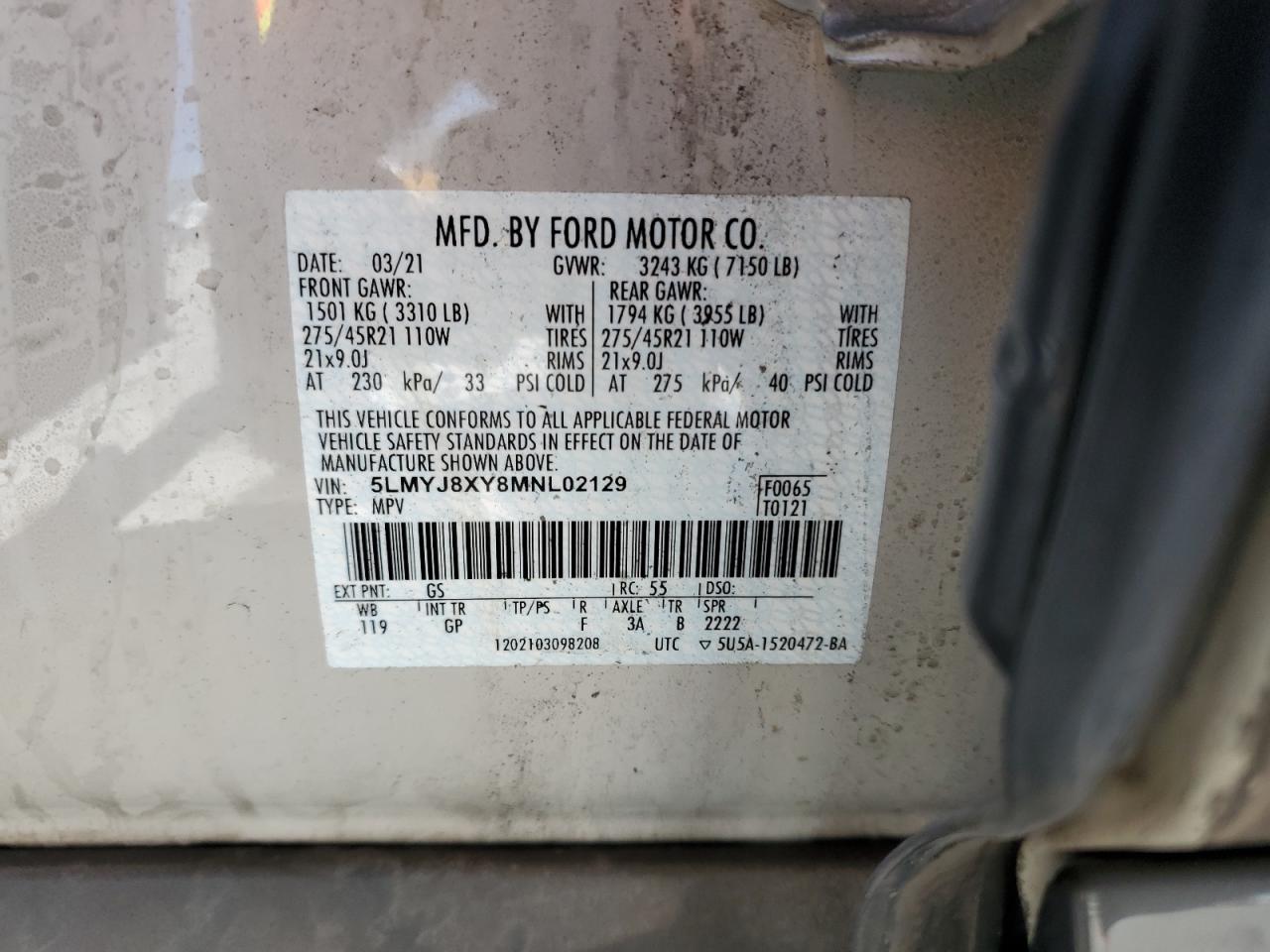 2021 Lincoln Aviator Grand Touring VIN: 5LMYJ8XY8MNL02129 Lot: 58831245