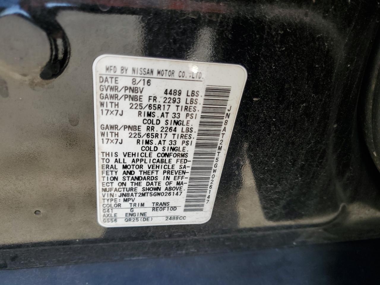 2016 Nissan Rogue S VIN: JN8AT2MT5GW026147 Lot: 58296585