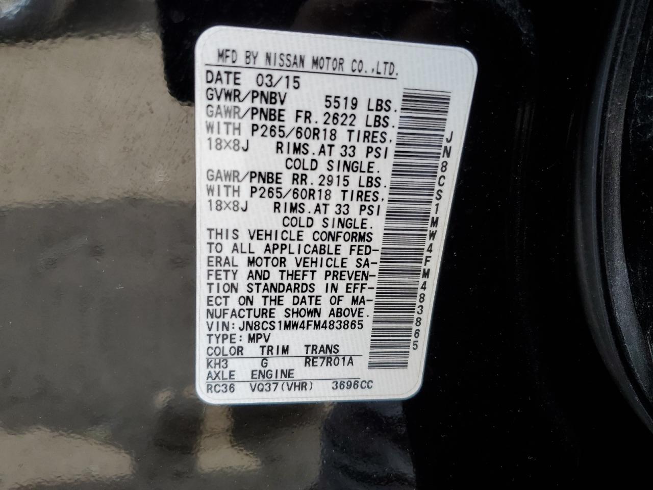 2015 Infiniti Qx70 VIN: JN8CS1MW4FM483865 Lot: 57000365