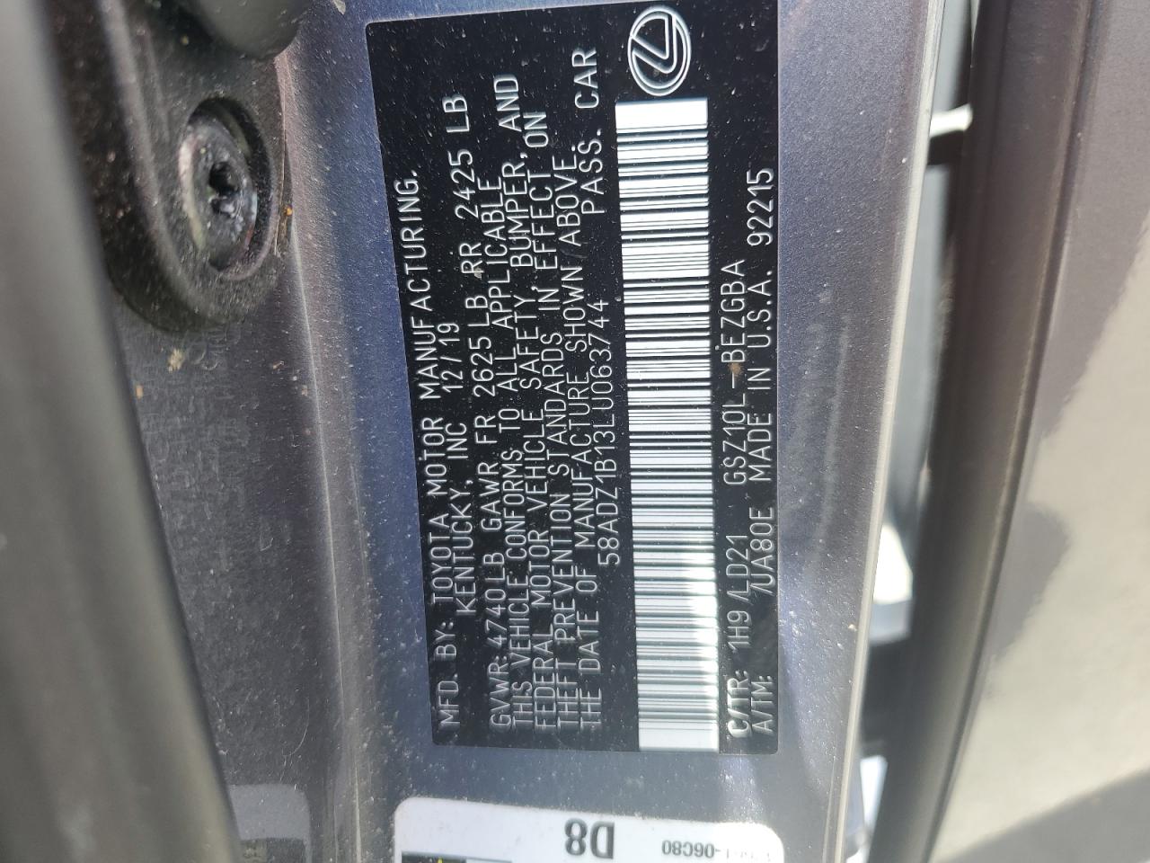 2020 Lexus Es 350 VIN: 58ADZ1B13LU063744 Lot: 55559985