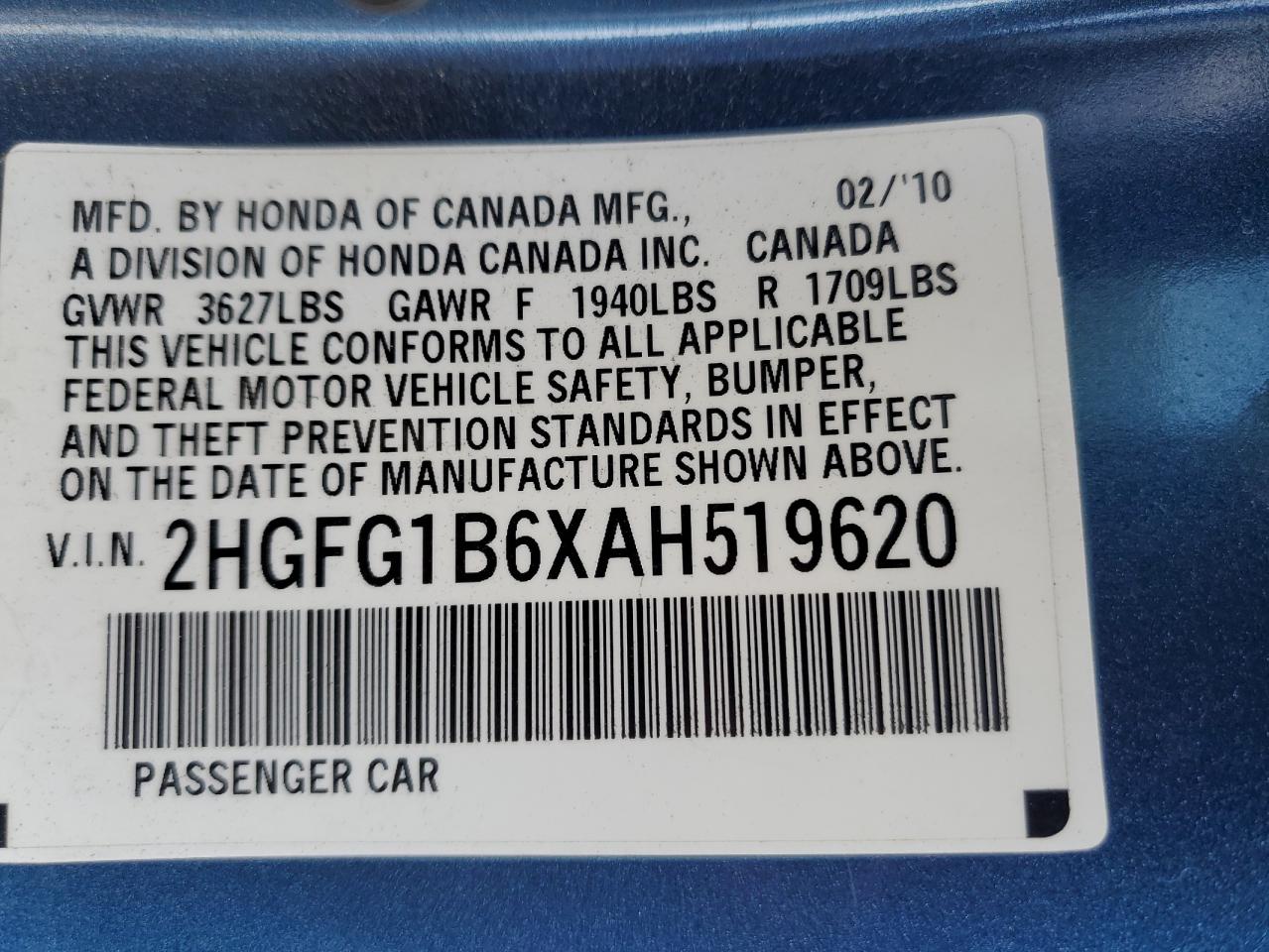 2010 Honda Civic Lx VIN: 2HGFG1B6XAH519620 Lot: 57182555