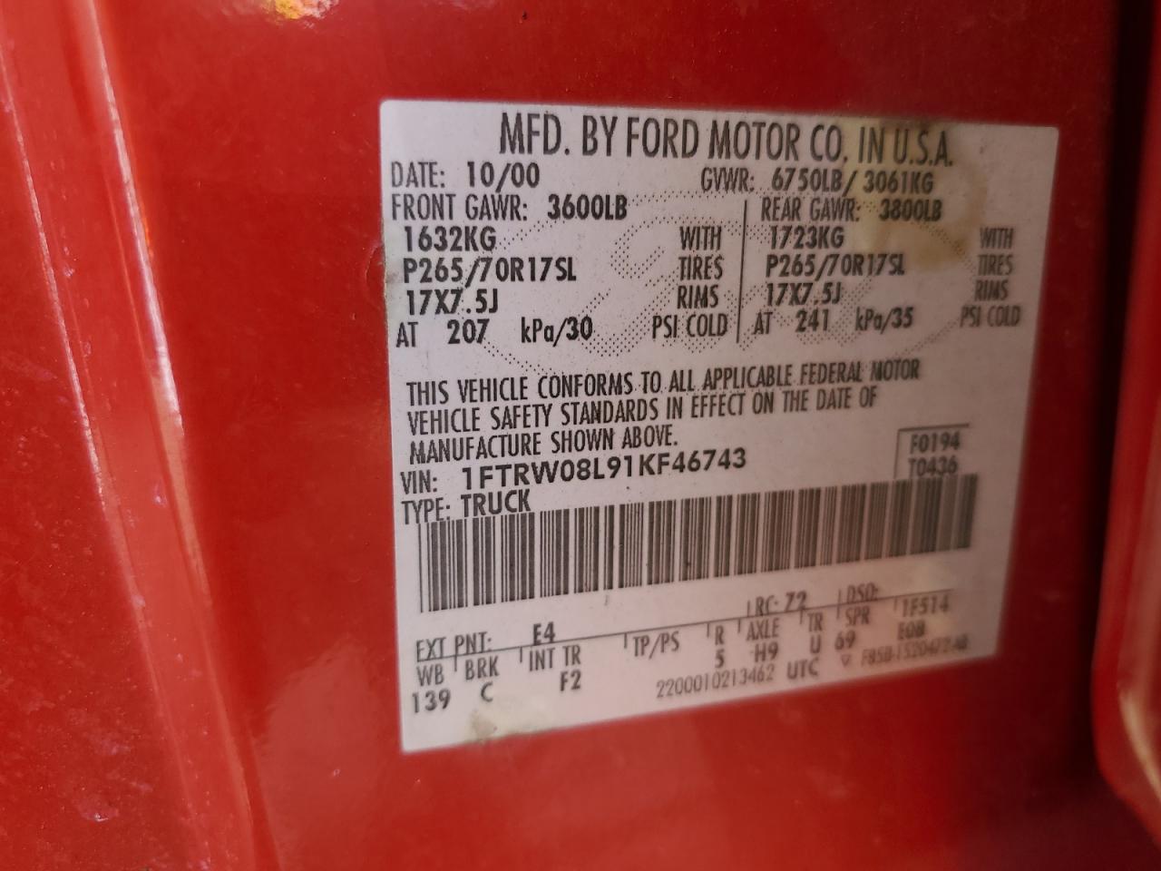 2001 Ford F150 Supercrew VIN: 1FTRW08L91KF46743 Lot: 55770285