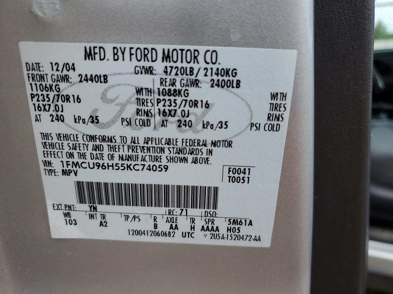 2005 Ford Escape Hev VIN: 1FMCU96H55KC74059 Lot: 57065685