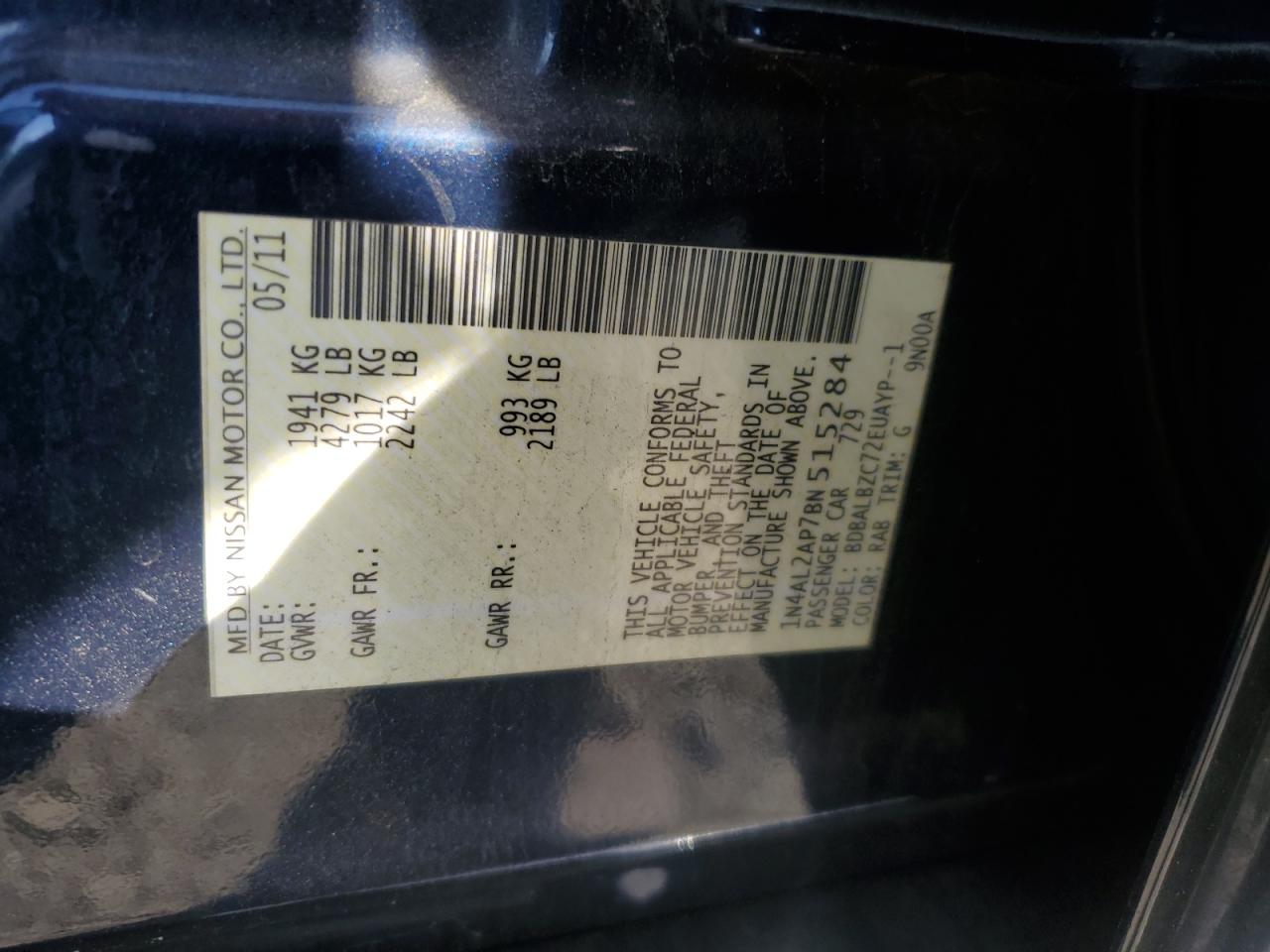 2011 Nissan Altima Base VIN: 1N4AL2AP7BN515284 Lot: 55463375
