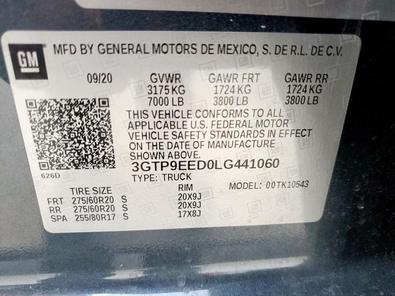 2020 GMC Sierra K1500 At4 VIN: 3GTP9EED0LG441060 Lot: 56176825