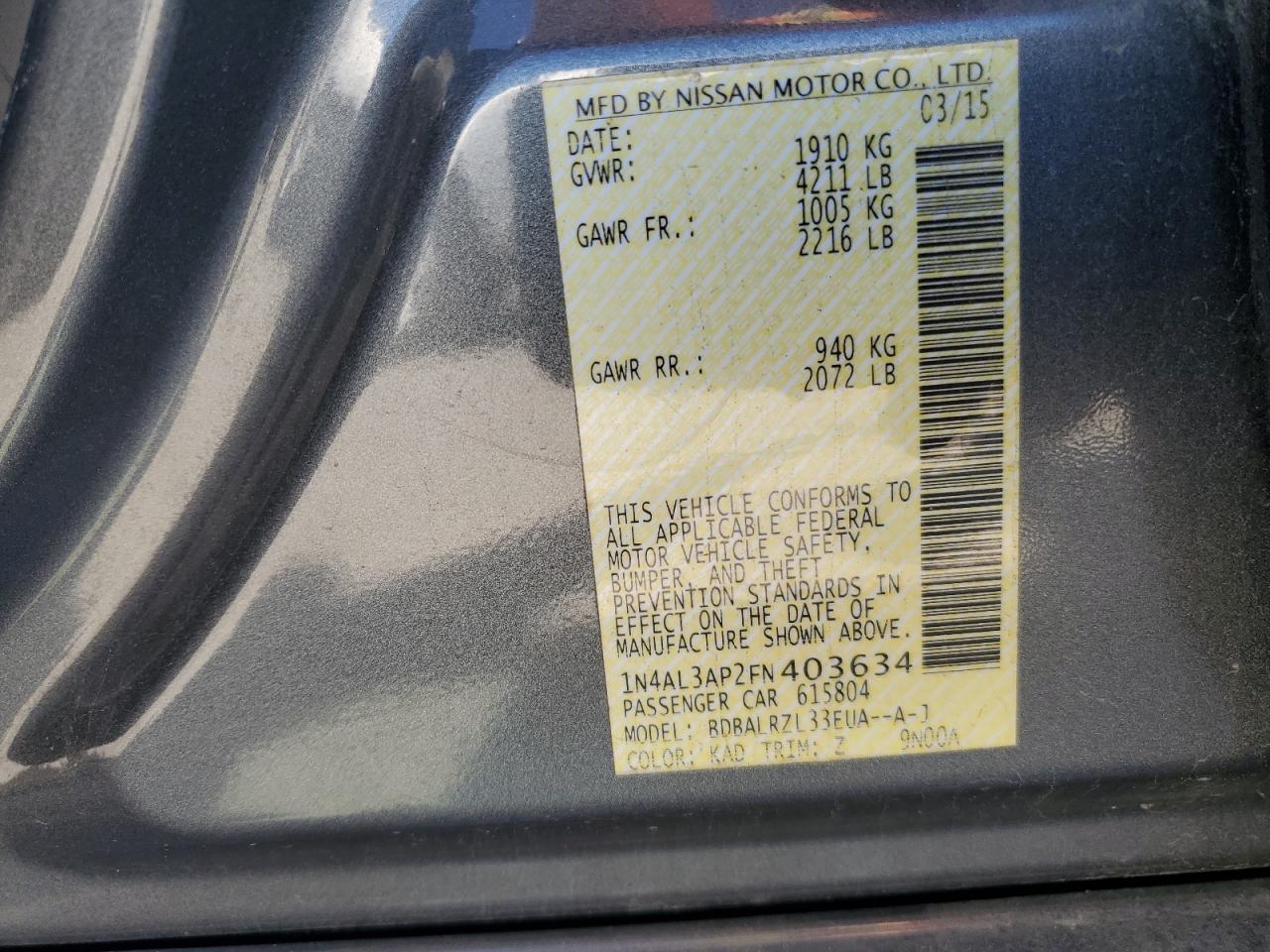 2015 Nissan Altima 2.5 VIN: 1N4AL3AP2FN403634 Lot: 57512615