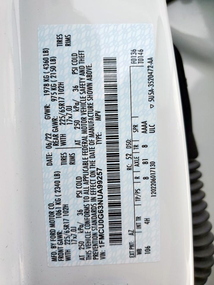 2022 Ford Escape Se VIN: 1FMCU0G63NUA99257 Lot: 56892075