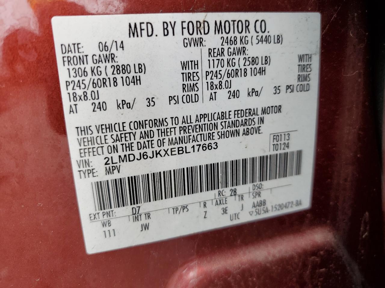 2014 Lincoln Mkx VIN: 2LMDJ6JKXEBL17663 Lot: 57041755