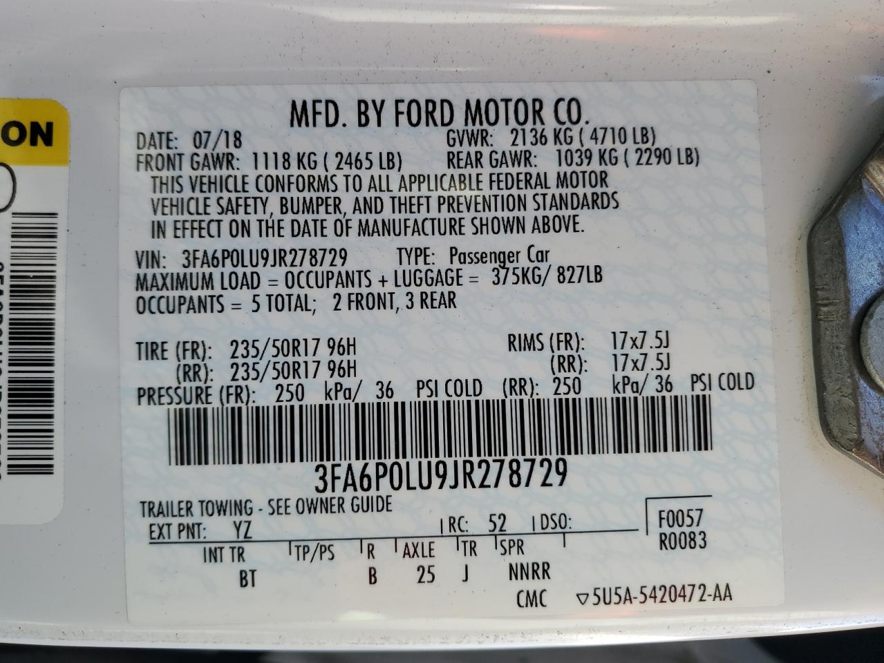 2018 Ford Fusion Se Hybrid VIN: 3FA6P0LU9JR278729 Lot: 54025505