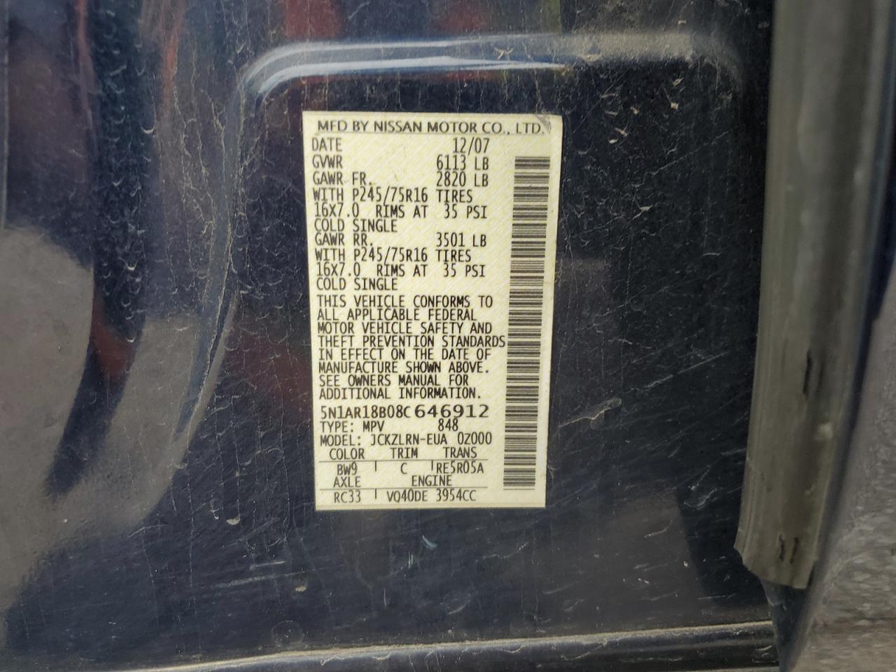 2008 Nissan Pathfinder S VIN: 5N1AR18B08C646912 Lot: 56043325