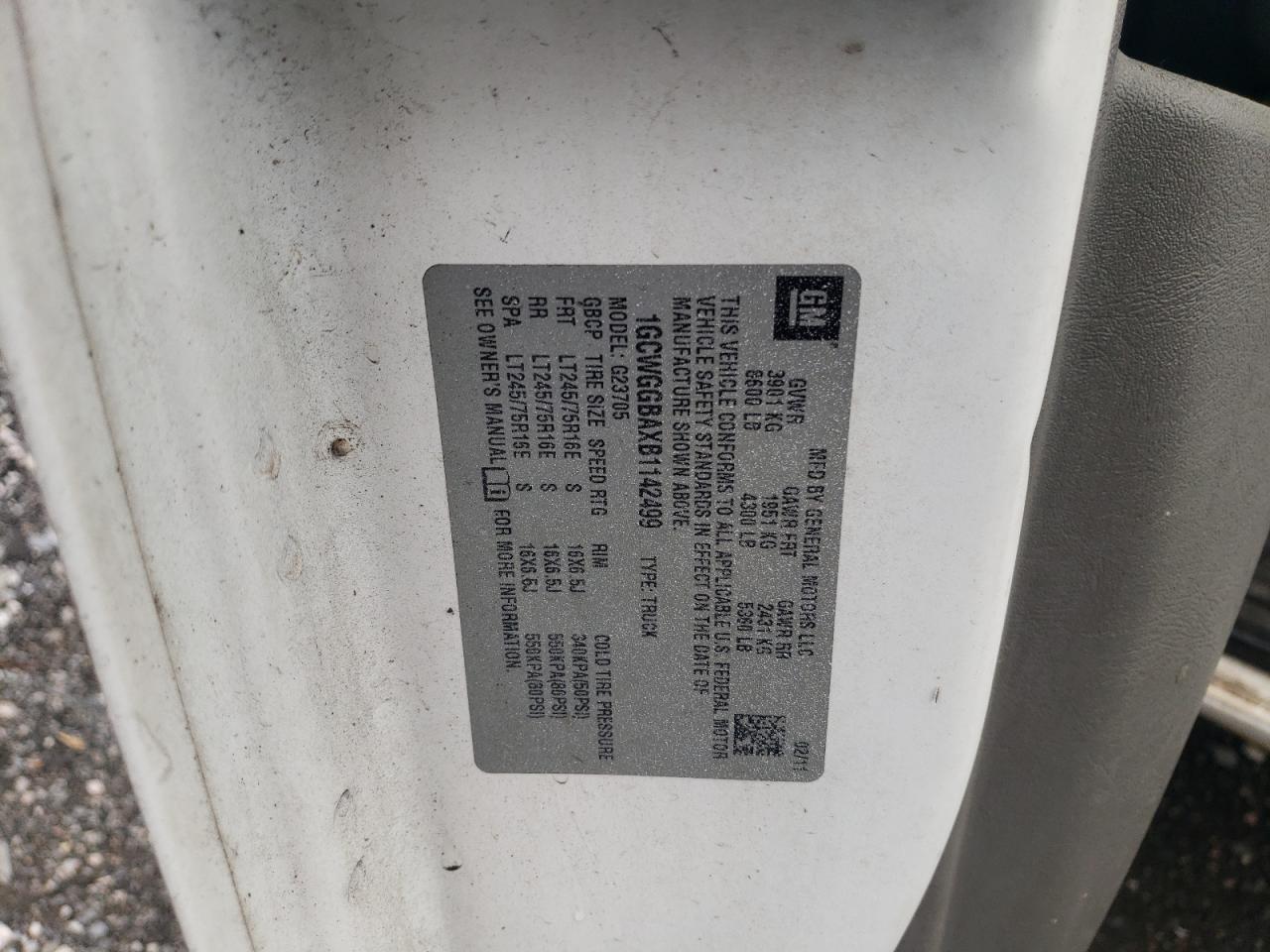 2011 Chevrolet Express G2500 VIN: 1GCWGGBAXB1142499 Lot: 54774575