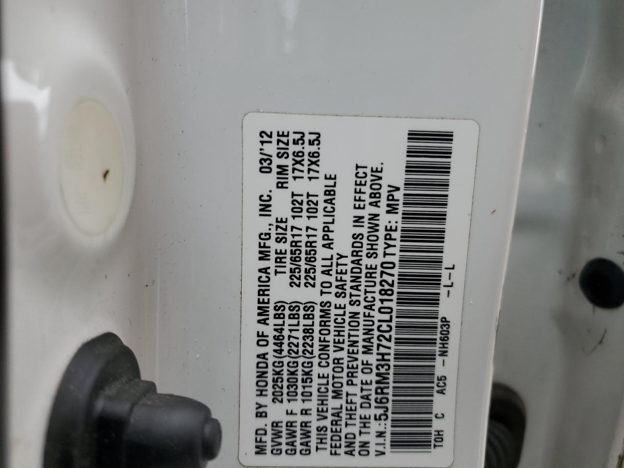 2012 Honda Cr-V Exl VIN: 5J6RM3H72CL018270 Lot: 58439085