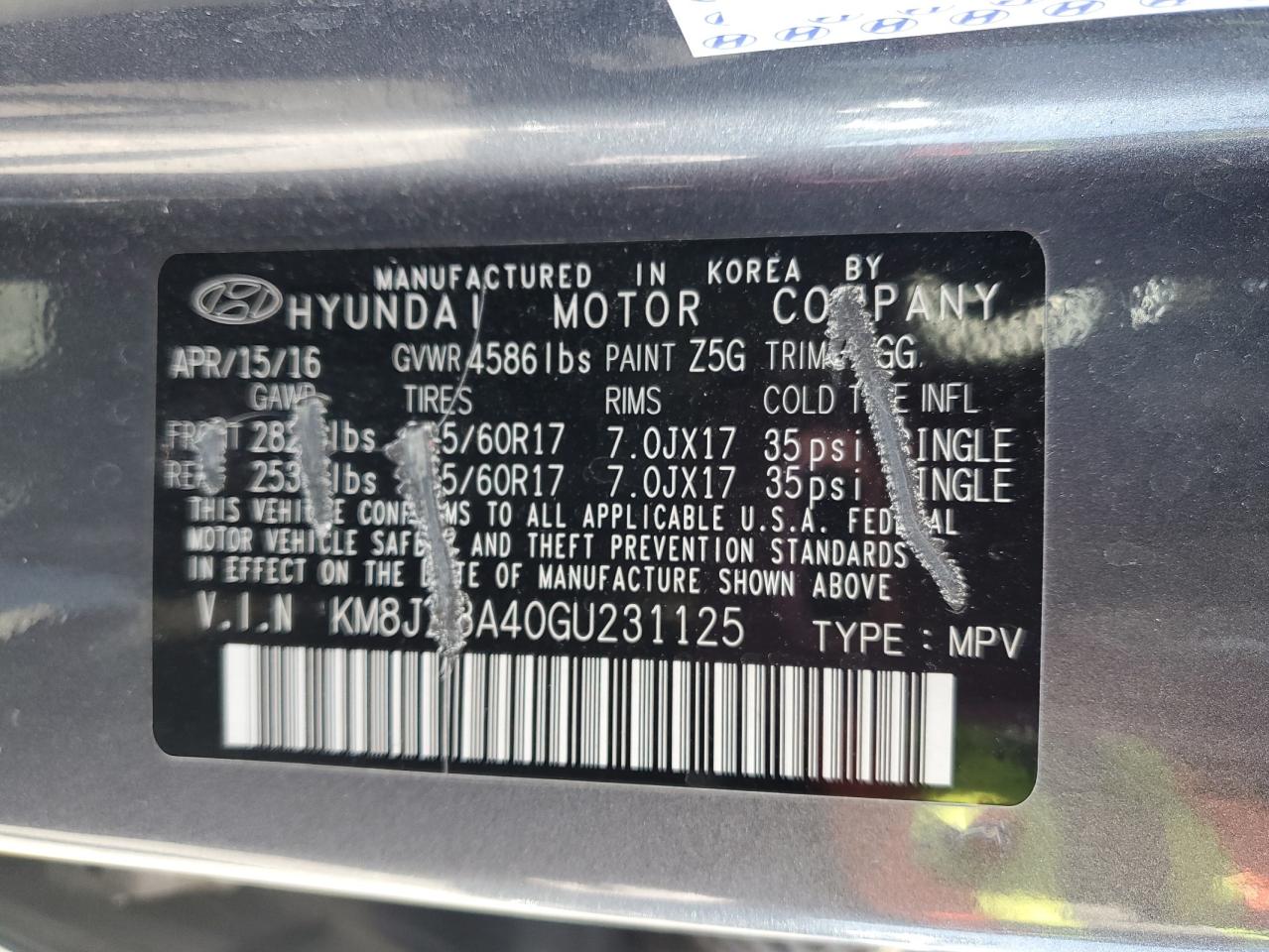2016 Hyundai Tucson Se VIN: KM8J23A40GU231125 Lot: 56613845