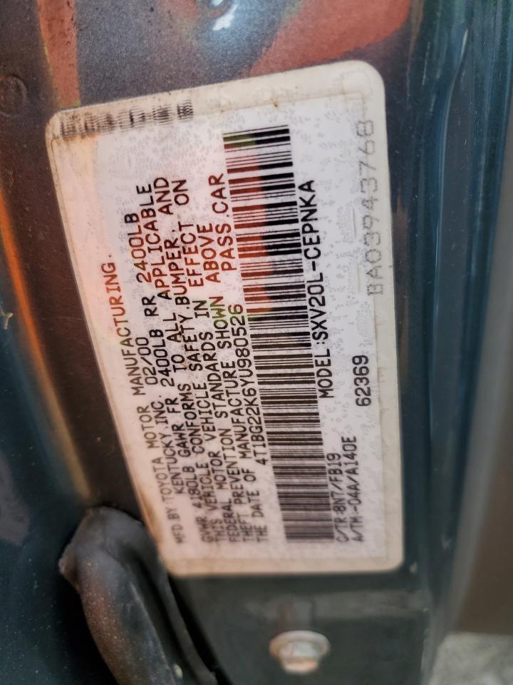 2000 Toyota Camry Ce VIN: 4T1BG22K6YU980526 Lot: 56780115