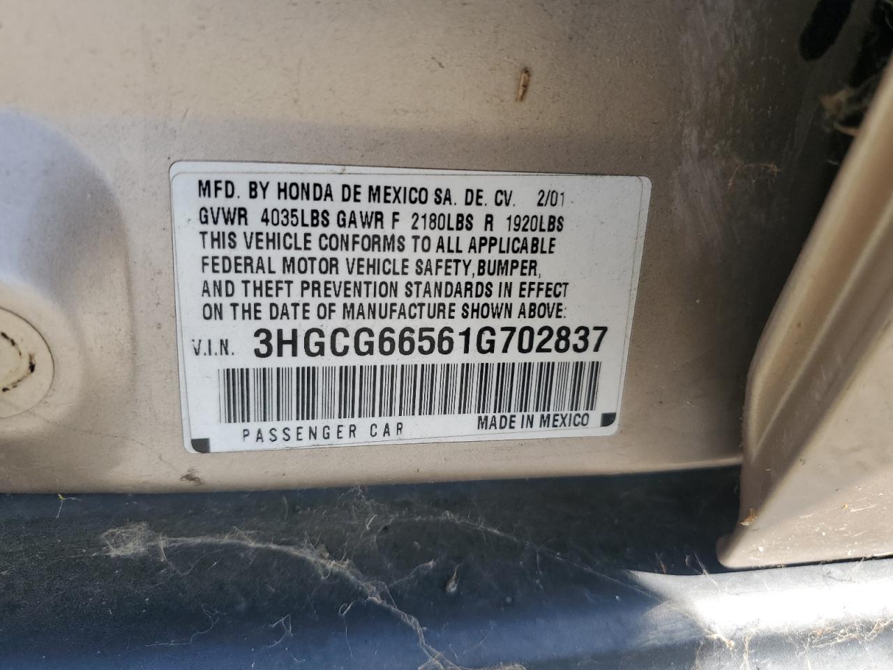 2001 Honda Accord Lx VIN: 3HGCG66561G702837 Lot: 59162115