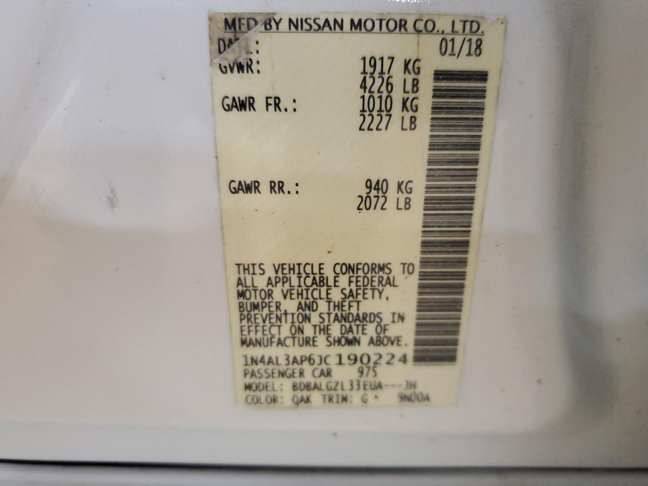 2018 Nissan Altima 2.5 VIN: 1N4AL3AP6JC190224 Lot: 57078705