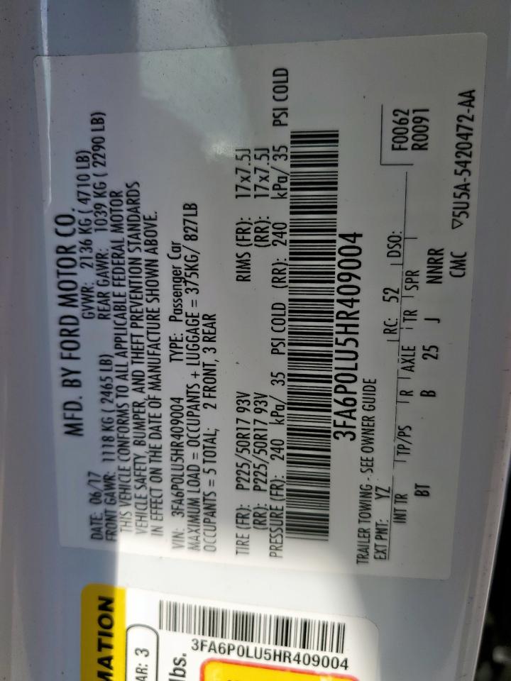 2017 Ford Fusion Se Hybrid VIN: 3FA6P0LU5HR409004 Lot: 54037715