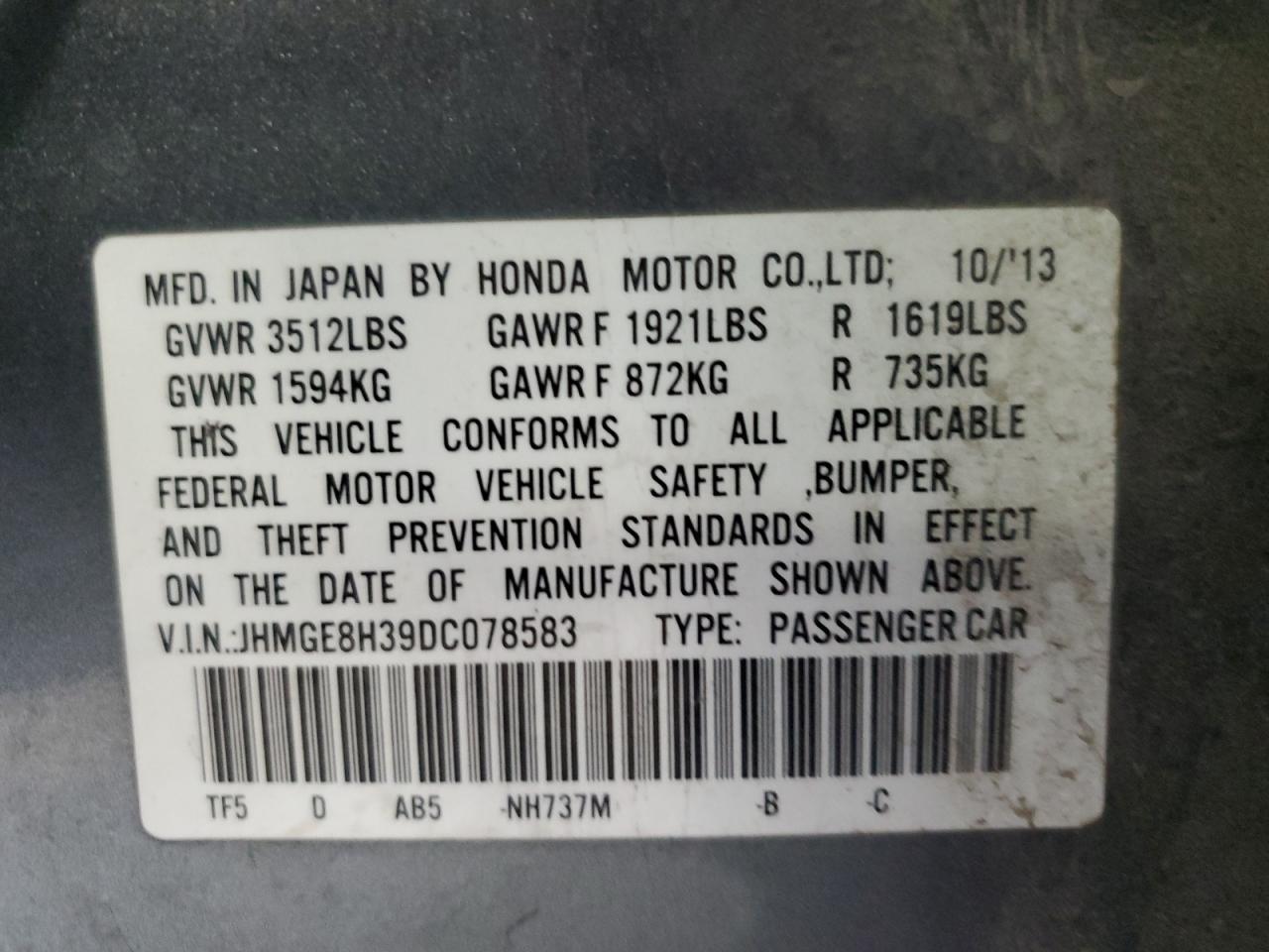 2013 Honda Fit VIN: JHMGE8H39DC078583 Lot: 56232135