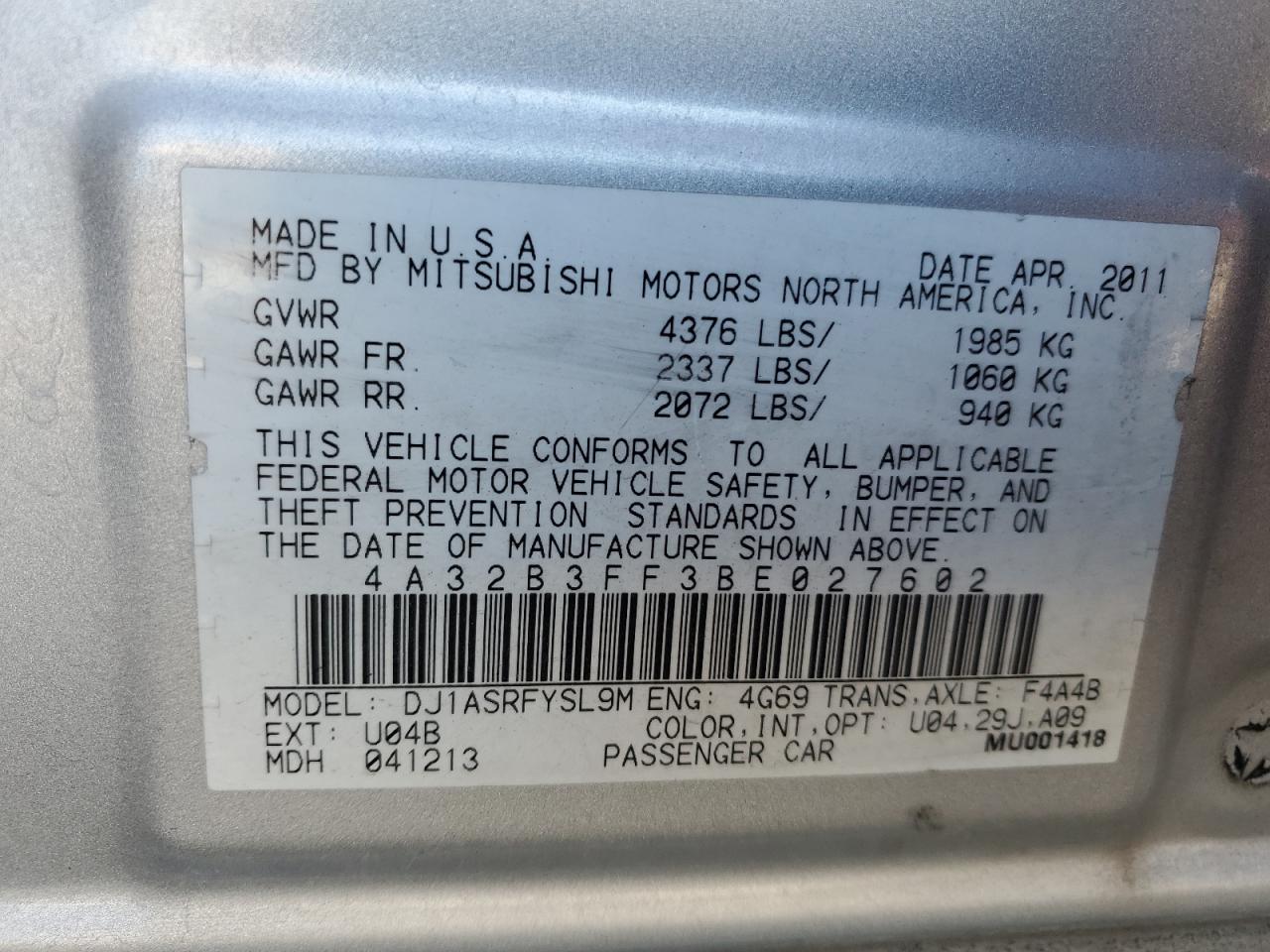 2011 Mitsubishi Galant Es VIN: 4A32B3FF3BE027602 Lot: 56150005