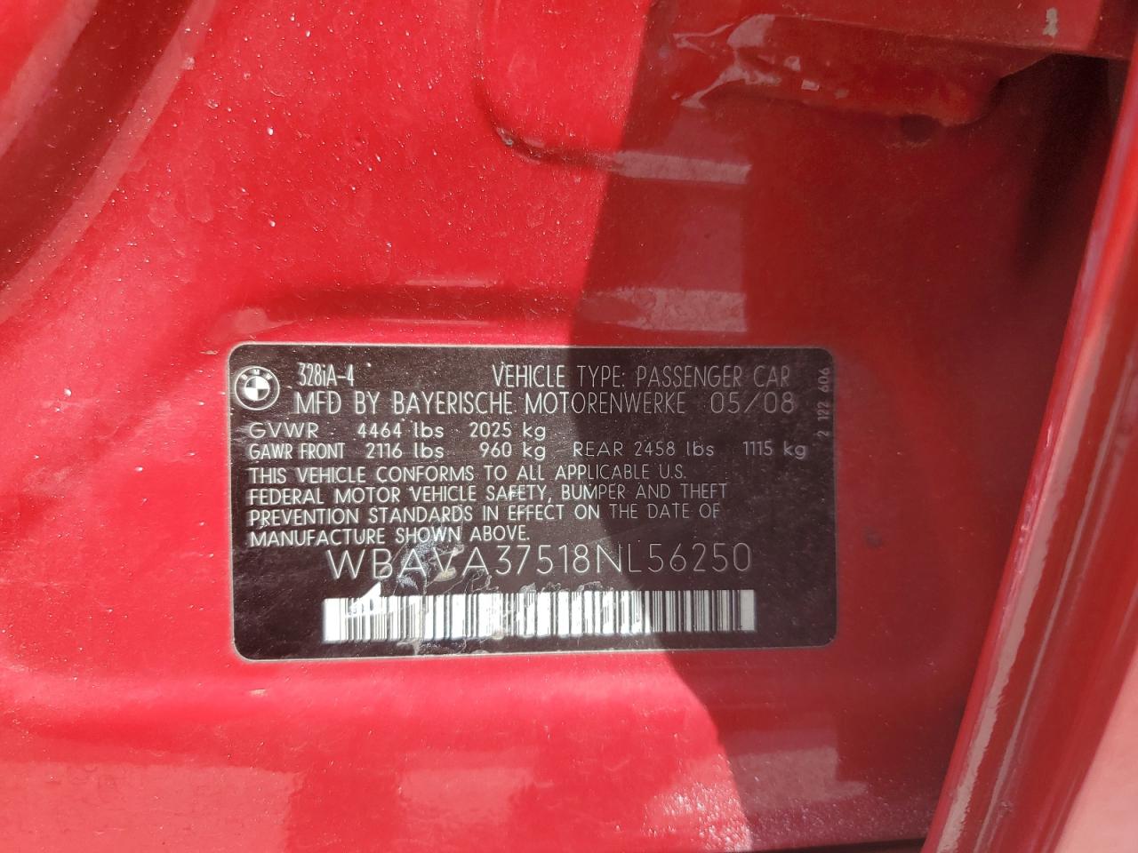 2008 BMW 328 I VIN: WBAVA37518NL56250 Lot: 55337595
