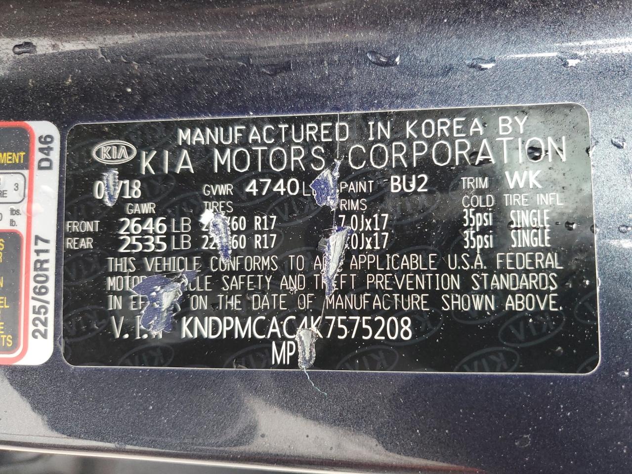 2019 Kia Sportage Lx VIN: KNDPMCAC4K7575208 Lot: 56488255