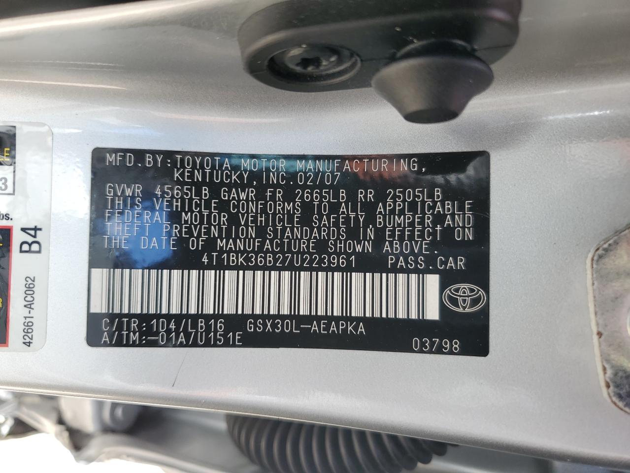 2007 Toyota Avalon Xl VIN: 4T1BK36B27U223961 Lot: 56730025
