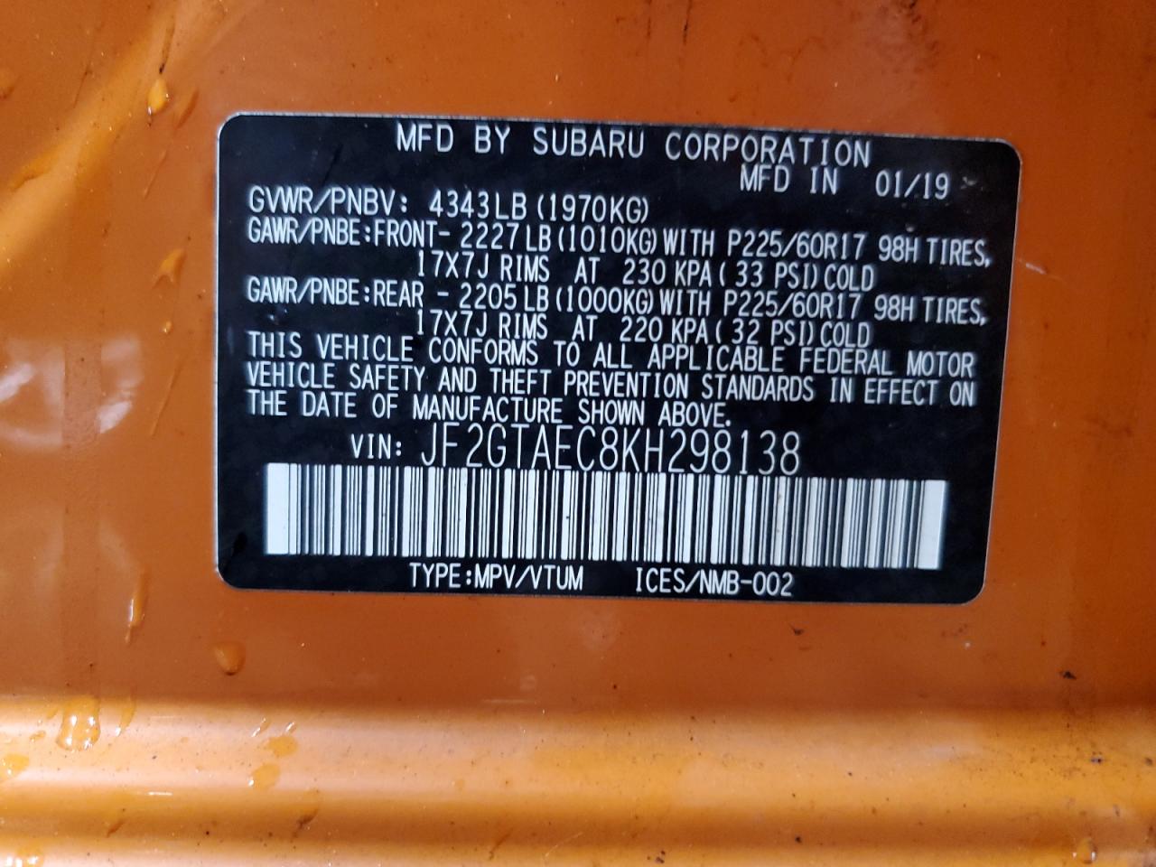 2019 Subaru Crosstrek Premium VIN: JF2GTAEC8KH298138 Lot: 56358065