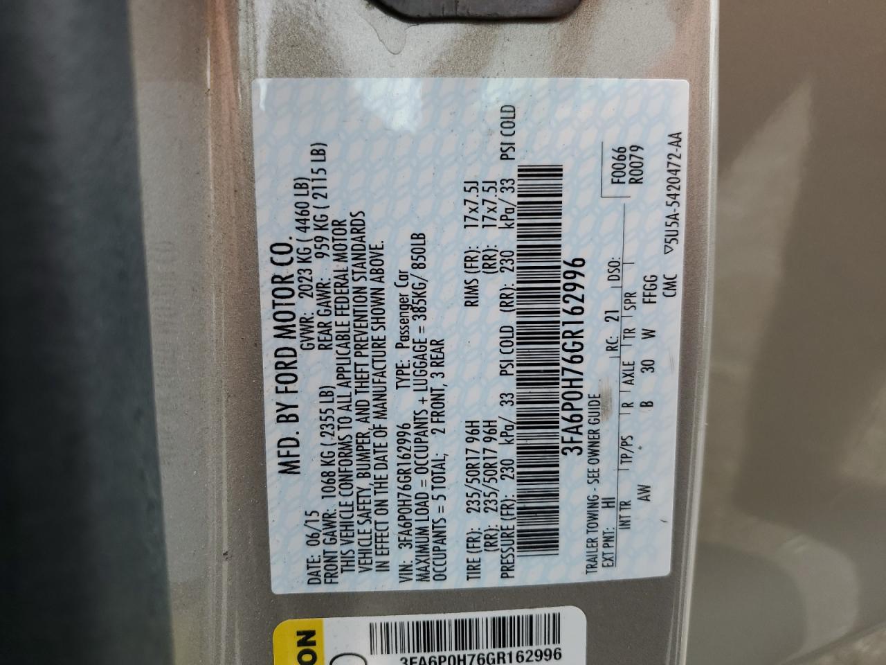 2016 Ford Fusion Se VIN: 3FA6P0H76GR162996 Lot: 55246505