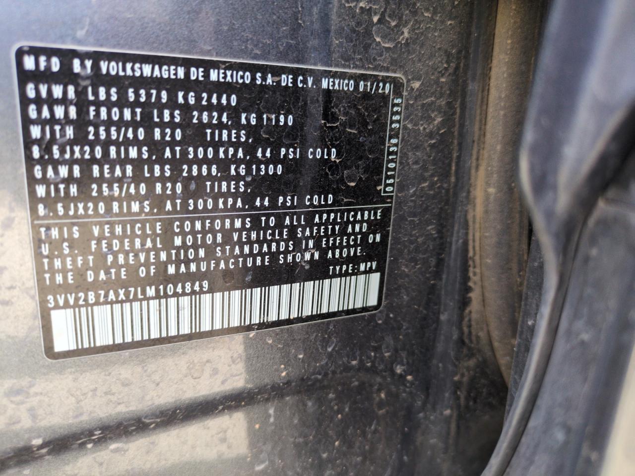 2020 Volkswagen Tiguan Se VIN: 3VV2B7AX7LM104849 Lot: 56928485