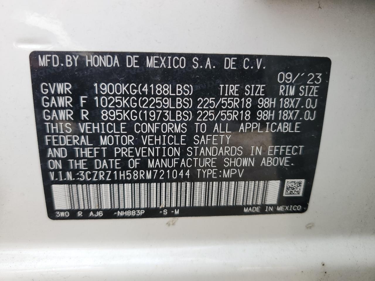 2024 Honda Hr-V Sport VIN: 3CZRZ1H58RM721044 Lot: 57027295