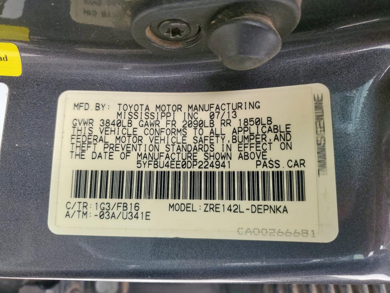 2013 Toyota Corolla Base VIN: 5YFBU4EE0DP224941 Lot: 56989465
