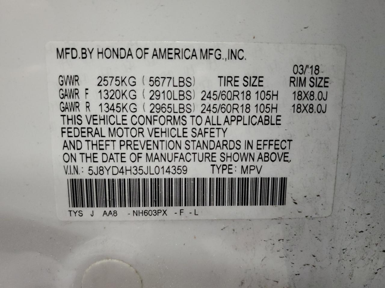 2018 Acura Mdx VIN: 5J8YD4H35JL014359 Lot: 56775575