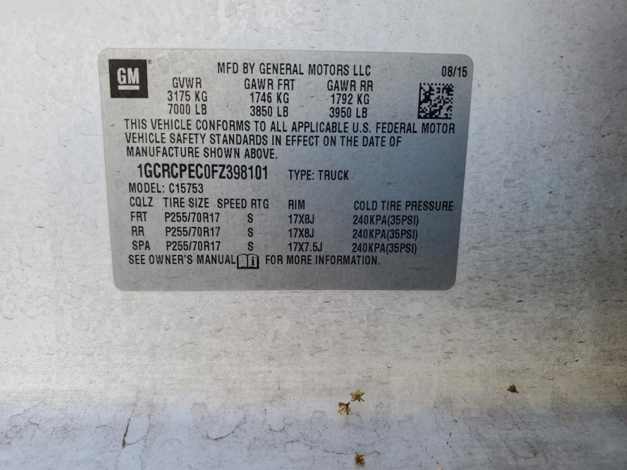 2015 Chevrolet Silverado C1500 VIN: 1GCRCPEC0FZ398101 Lot: 57907065