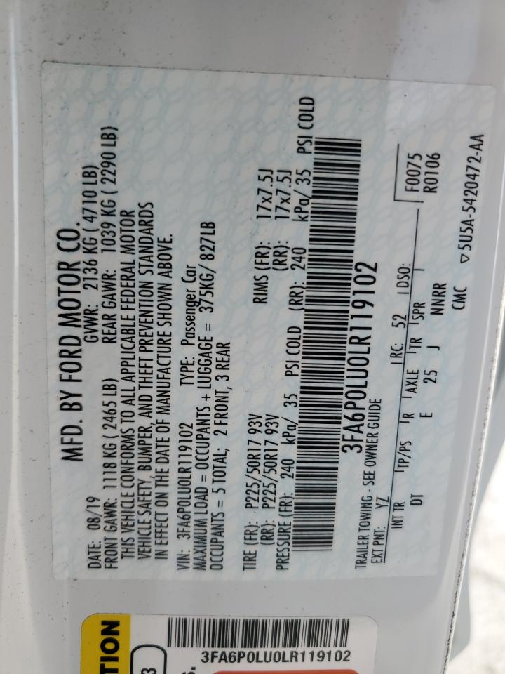 2020 Ford Fusion Se VIN: 3FA6P0LU0LR119102 Lot: 54043745