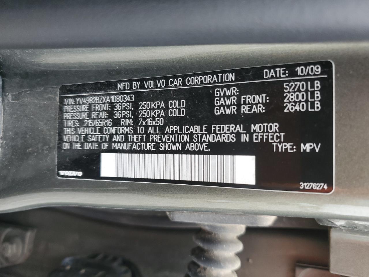 2010 Volvo Xc70 3.2 VIN: YV4982BZXA1080343 Lot: 55327245