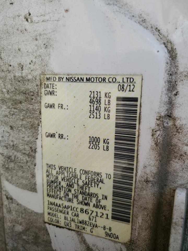 2012 Nissan Maxima S VIN: 1N4AA5AP1CC867121 Lot: 57308725
