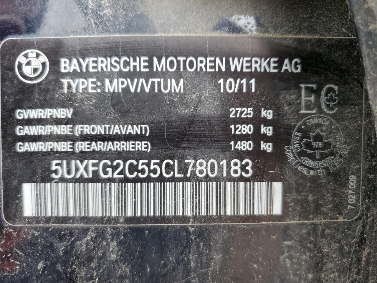 2012 BMW X6 xDrive35I VIN: 5UXFG2C55CL780183 Lot: 57357295