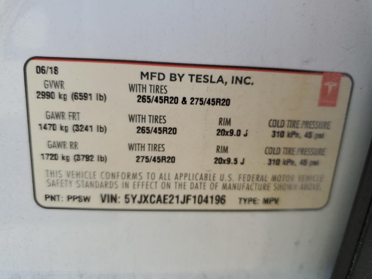 2018 Tesla Model X VIN: 5YJXCAE21JF104196 Lot: 57329715