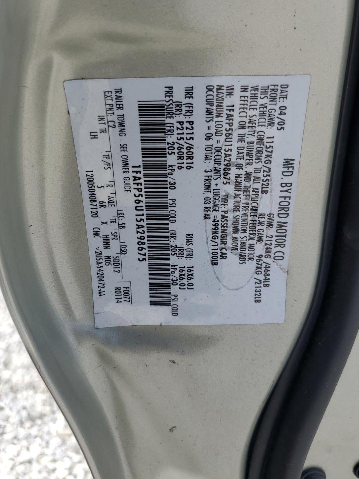 2005 Ford Taurus Sel VIN: 1FAFP56U15A298675 Lot: 57890255