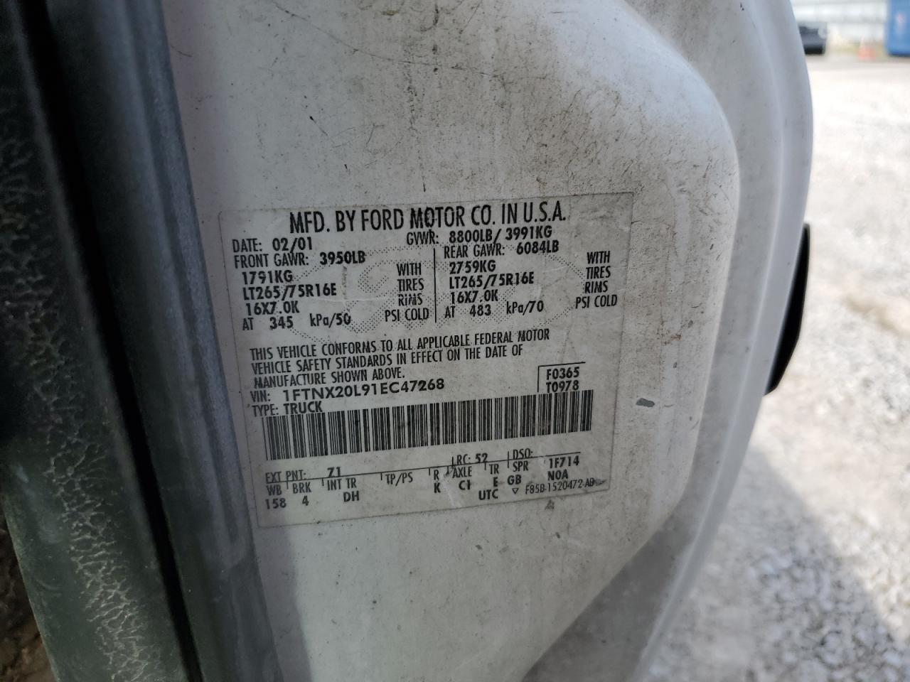 2001 Ford F250 Super Duty VIN: 1FTNX20L91EC47268 Lot: 54091865