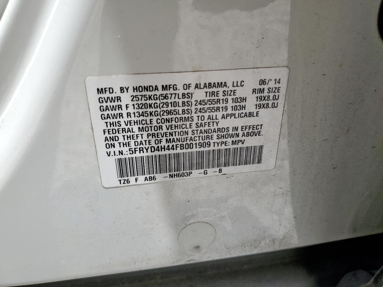 2015 Acura Mdx Technology VIN: 5FRYD4H44FB001909 Lot: 56789365