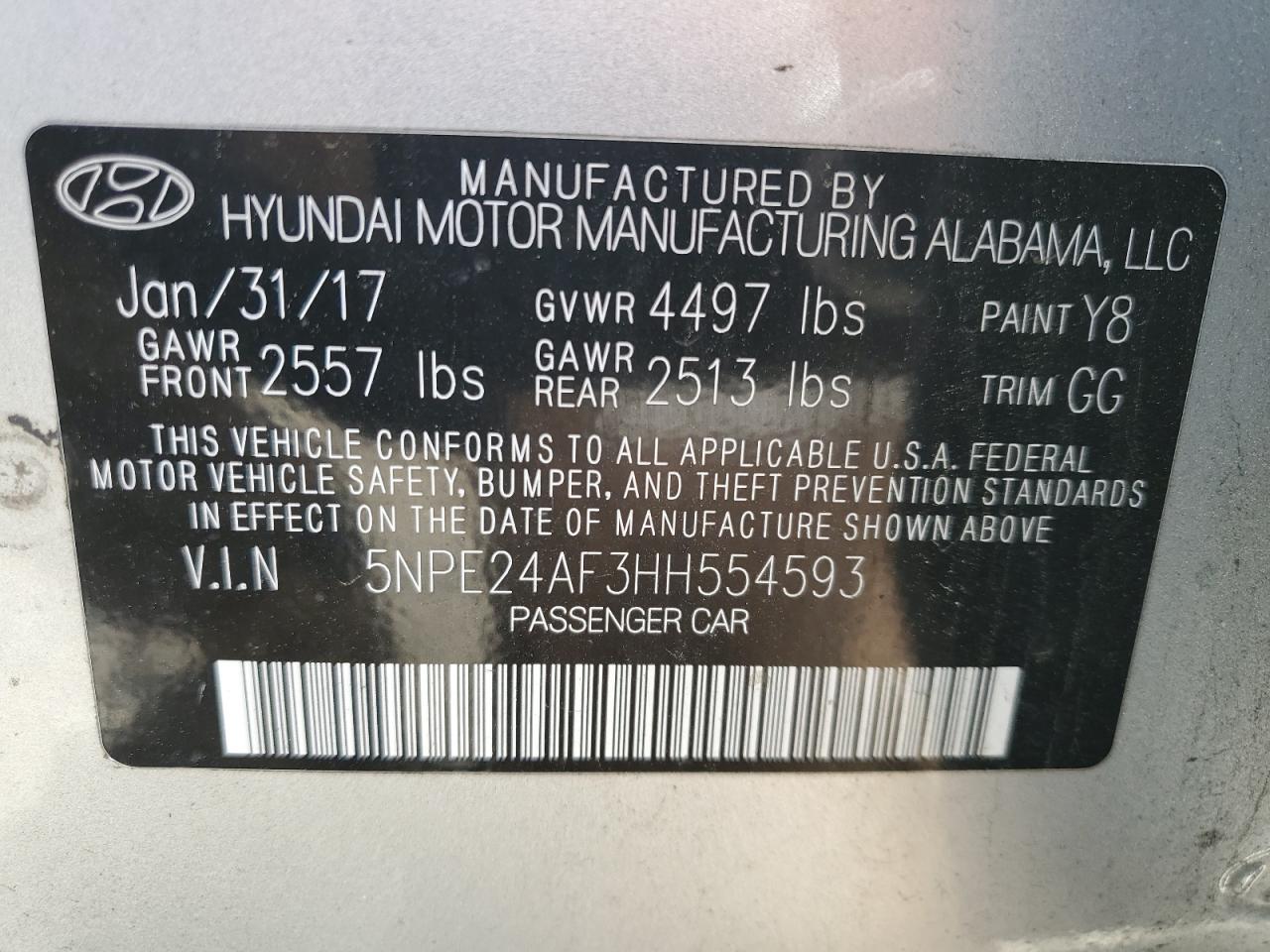 2017 Hyundai Sonata Se VIN: 5NPE24AF3HH554593 Lot: 56086895