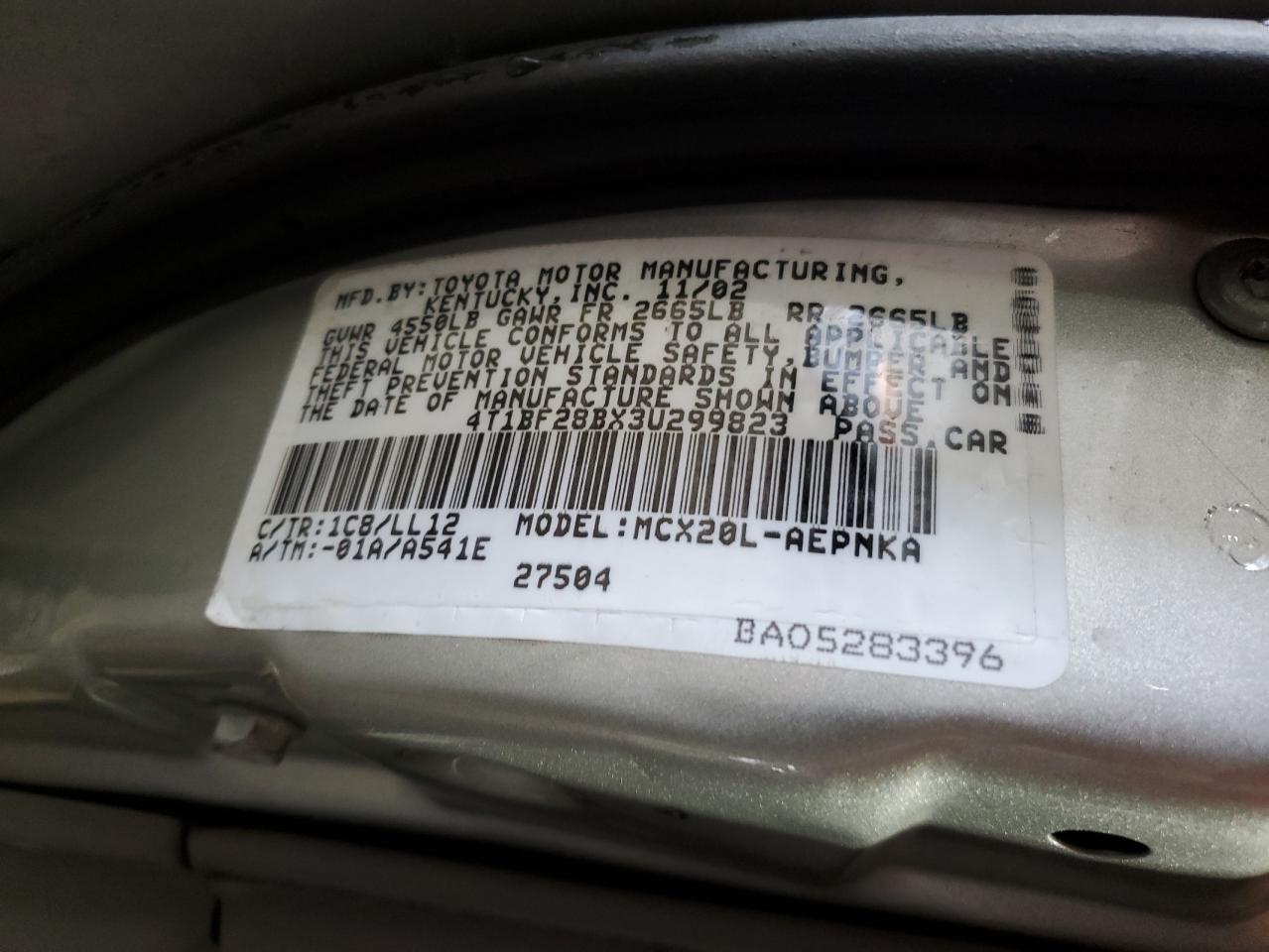 2003 Toyota Avalon Xl VIN: 4T1BF28BX3U299823 Lot: 55963375