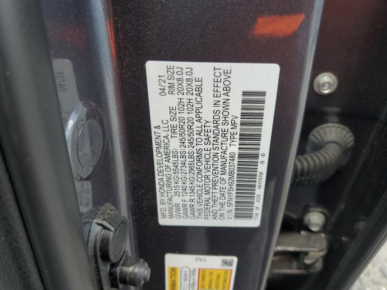 2021 Honda Pilot Touring VIN: 5FNYF5H92MB037480 Lot: 55726545