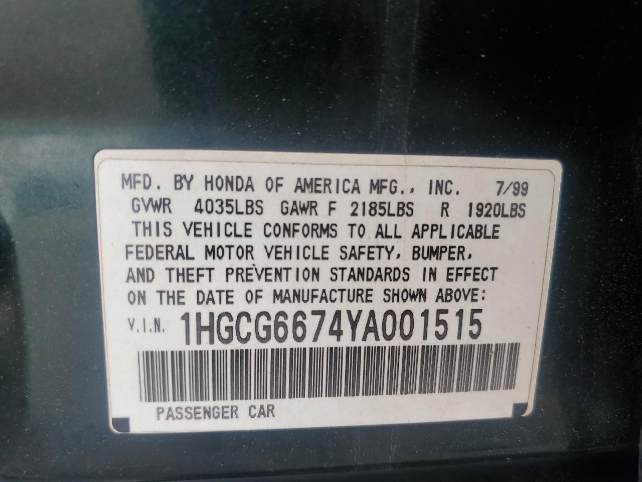 2000 Honda Accord Ex VIN: 1HGCG6674YA001515 Lot: 56257935